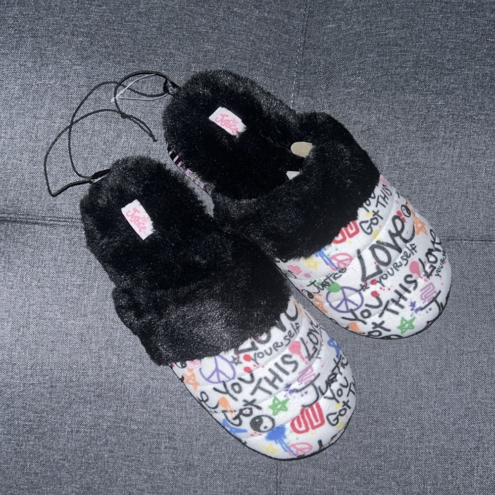 New! Justice Graffiti Faux Fur Plush Slip-On Slippers